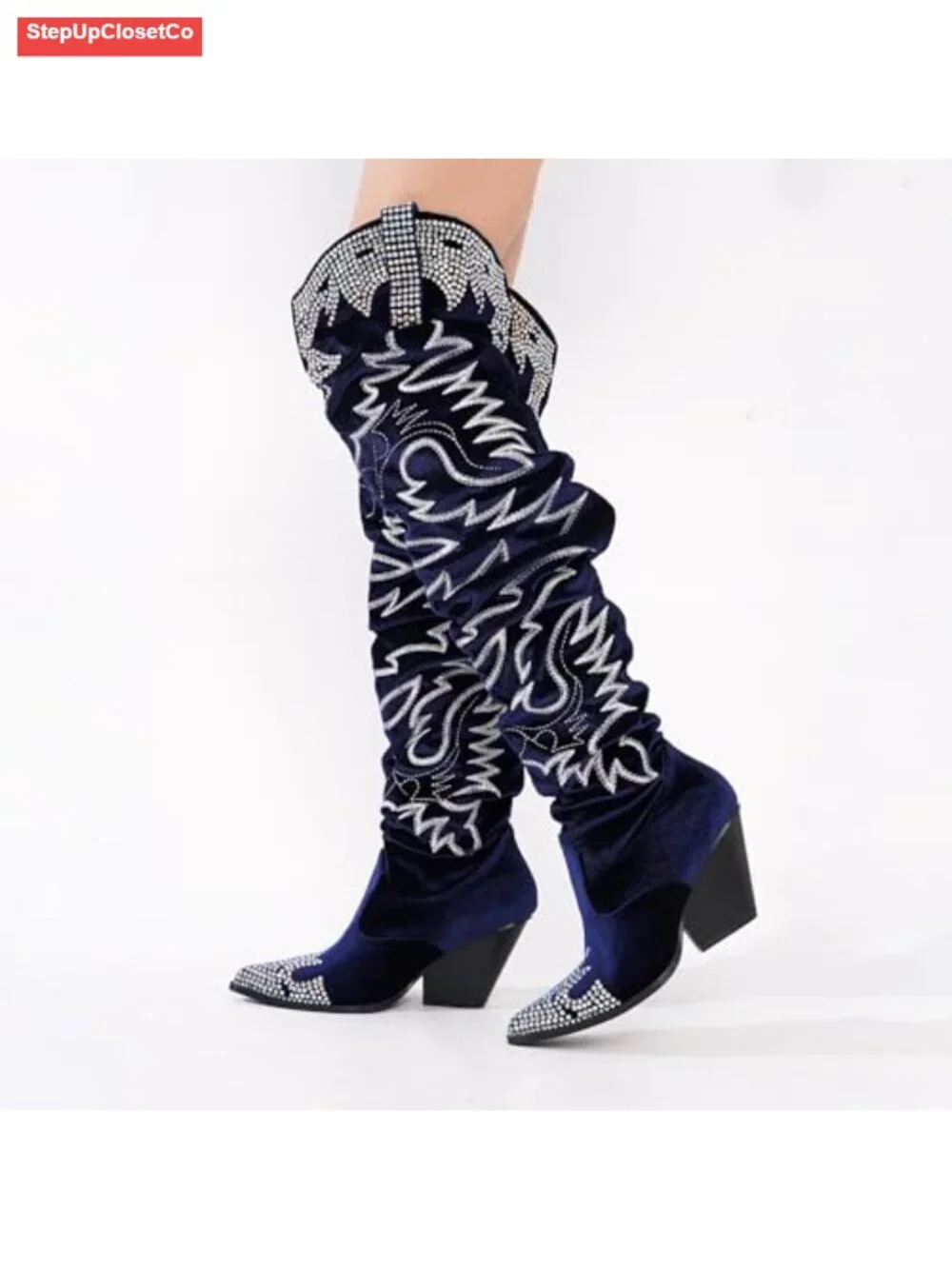 Rhinestone Embroidered Thigh High Slouchy Wide Calf Pull On Boots with Memory